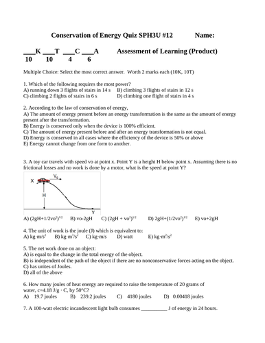 QUIZ CONSERVATION OF ENERGY Quiz Power Quiz SPH3U Physics Quiz WITH ANSWERS #12