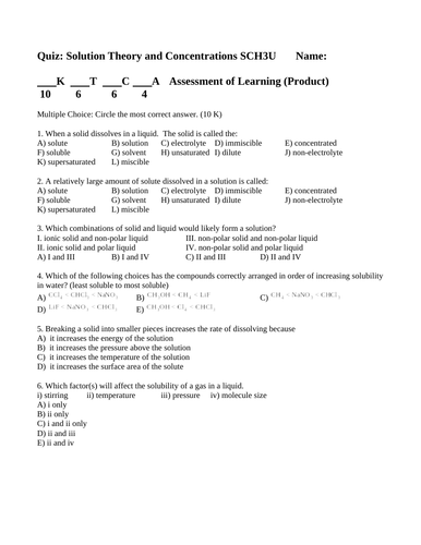 SOLUTIONS SOLUBILITY CONCENTRATIONS QUIZ SCH3U Chemistry Quiz WITH ANSWERS #12