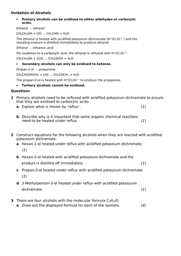 Alcohols Alevel Chemistry Teaching Resources