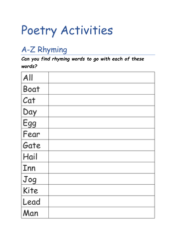 Poetry Activities - A-Z poem, Word Types and Poem Review | Teaching ...
