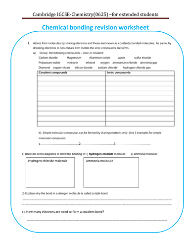 Chemical bonding ( for Cambridge IGCSE)  revision worksheet.