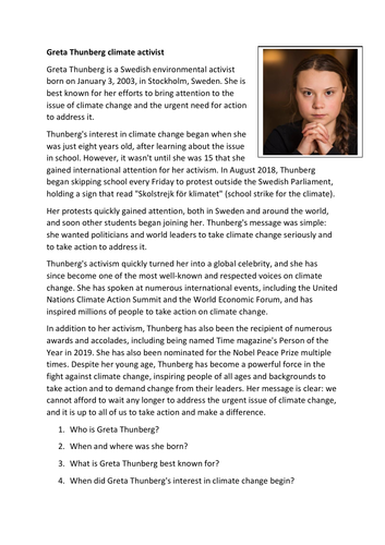 greta thunberg biography worksheet