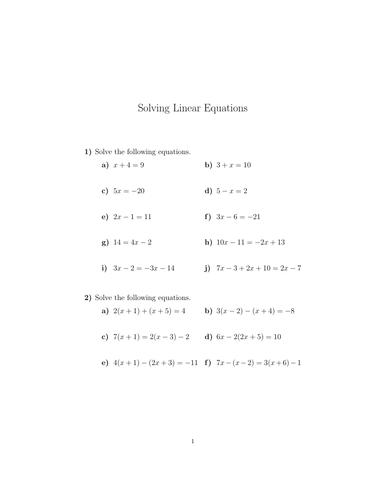 Solving Linear Equations Worksheet No 4 With Solutions Teaching Resources