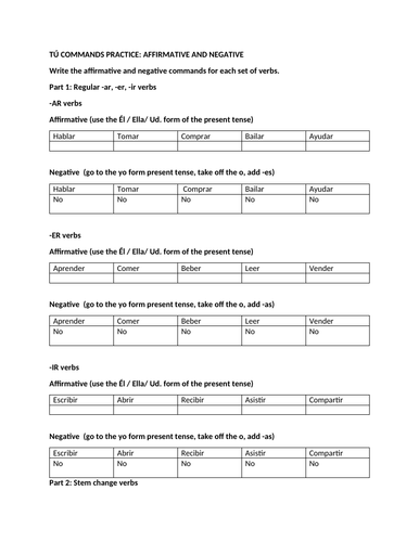 tu-commands-practice-packet-affirmative-and-negative-teaching-resources