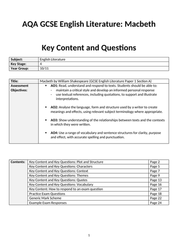 AQA GCSE English Literature: Macbeth - Key Content for Teaching ...