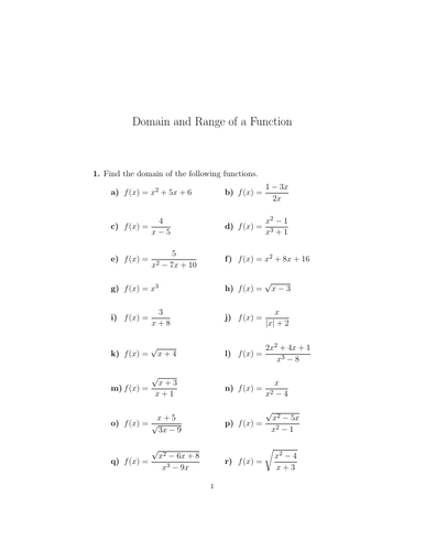 Domain and Range of a Function (harder) Worksheet (with solutions ...