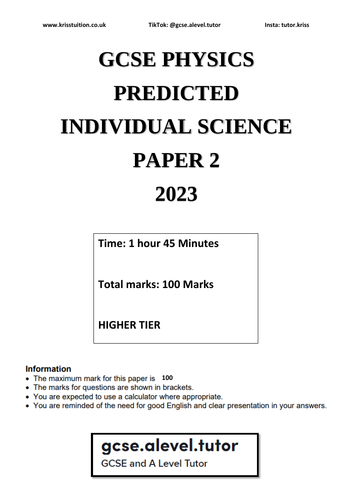 GCSE PREDICTED 2023 TRIPLE SCIENCE PHYSICS PAPER 2 | Teaching Resources