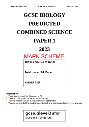 GCSE PREDICTED 2023 COMBINED SCIENCE BIOLOGY PAPER 1 | Teaching Resources