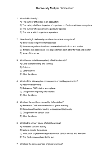 Biodiversity Multiple Choice Quiz - AQA GCSE Biology with Mark Scheme