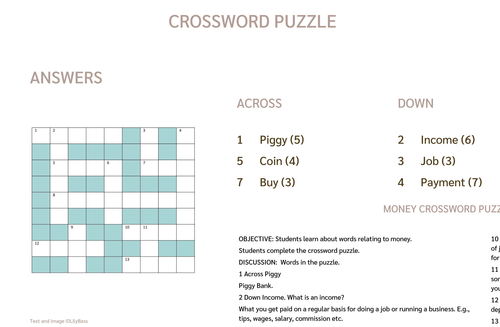 Money Crossword Puzzle and Lesson Plan (UK) Teaching Resources