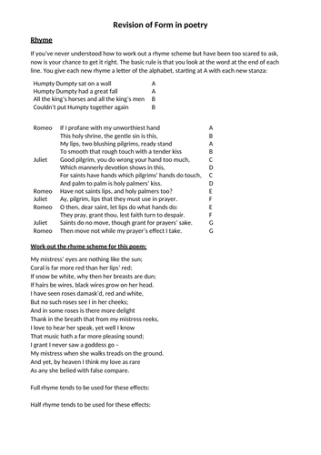 L5 form revision students notes for lesson on form in poetry