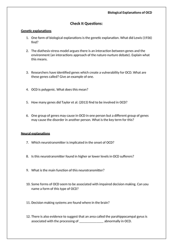 A-Level Psychology - THE BIOLOGICAL APPROACH TO EXPLAINING OCD ...