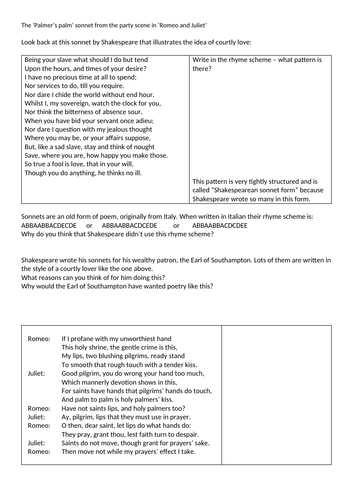 worksheet on sonnets in Romeo and Juliet L5