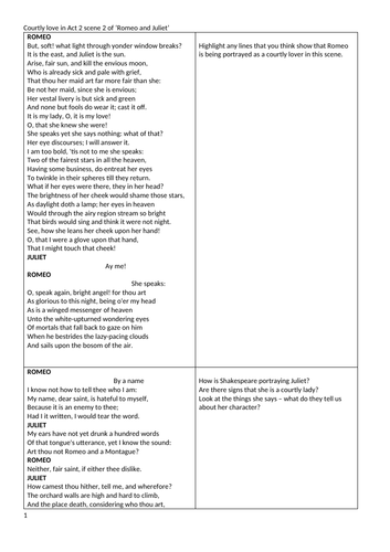 Balcony scene courtly love worksheet L6 Romeo