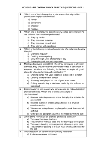 GCSE PE Bank of Revision Questions | Teaching Resources