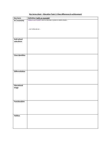 KEY TERMS SHEET - AQA A-level Sociology Education: Topic 2 Class differences in achievement (in)