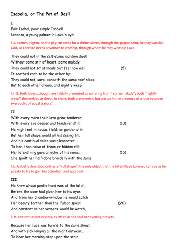 'ISABELLA, OR THE POT OF BASIL' - ANNOTATED KEATS' POETRY - AQA KS5 ...