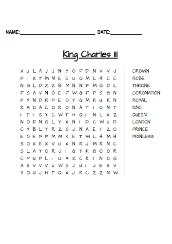 King Charles III Word Searches UKS2 LKS2 KS1