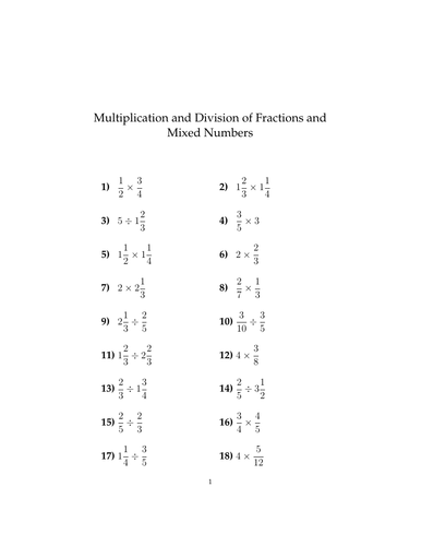 Multiplication and Division of Fractions and Mixed Numbers Worksheet ...