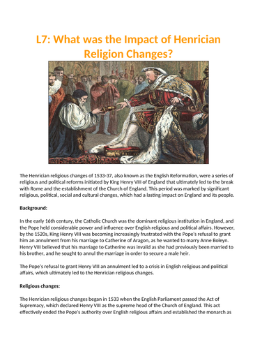 Religious Changes Henry Henrician | Teaching Resources