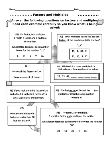 Factors and Multiples Worksheets #2 (5 Worksheets PLUS Word Search ...