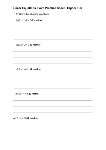 Linear Equations Exam Practice Worksheet - GCSE Higher Tier | Teaching ...