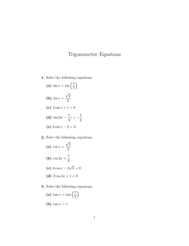 Trigonometric Equations Worksheet (with solutions) | Teaching Resources