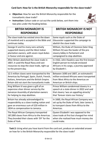 Card Sort: How far was the British Monarchy responsible for the Slave Trade?