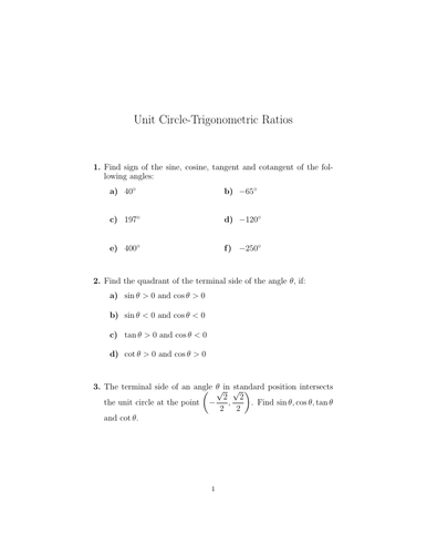 Unit Circle Trigonometric Ratios Worksheet With Solutions Teaching