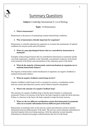 Cambridge International A-Level Biology - Topic 14 - Homeostasis ...