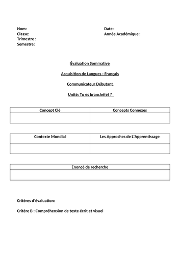 MYP French Summative Assessment - Compréhension Ecrite - Débutant - Tu es branché(e)?
