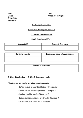 MYP French Summative Assessment - Expression Orale - Débutant - Tu es branché(e)?