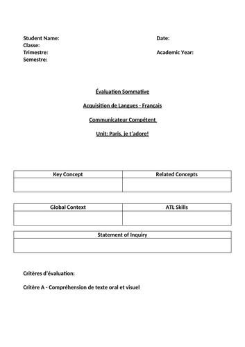 MYP French Summative Assessment - Compréhension Orale - Débutant - Paris, je t'adore!