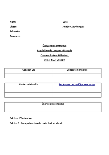 MYP French Summative Assessment - Compréhension Ecrite - Débutant - Mon Identité