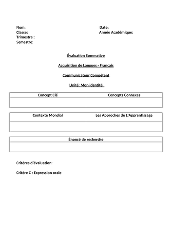 MYP French Summative Assessment - Expression Orale - Compétent - Mon Identité