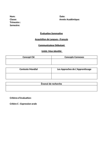 MYP French Summative Assessment - Expression Orale - Débutant - Mon Identité