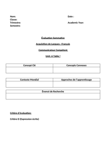 MYP French Summative Assessment - Expression Ecrite - Débutant - A Table!