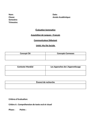 MYP French Summative Assessment - Compréhension Orale - Débutant - Ma Vie Sociale