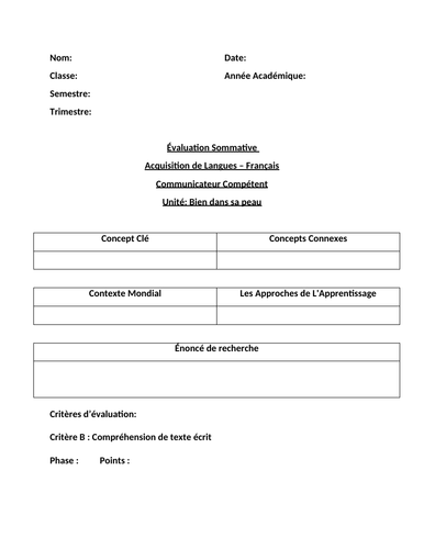 MYP French Summative Assessment - Compréhension Ecrite - Compétent - Bien dans sa peau