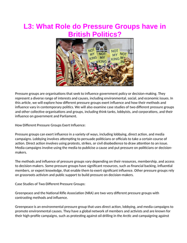 Pressure Groups British Politics | Teaching Resources