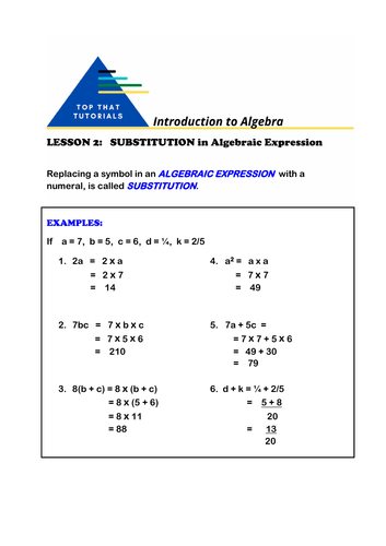 Introduction to Algebra - Lesson 2 - Substitution in Algebraic ...