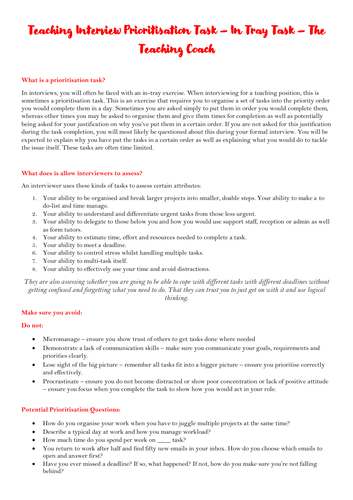 Teaching Teacher Interview Preparation | Prioritisation Task | In Tray ...