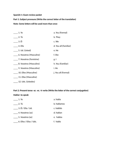 spanish-1-exam-review-packet-teaching-resources