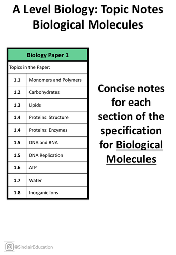 Biological Molecules Concise Notes Aqa A Level Teaching Resources 6181