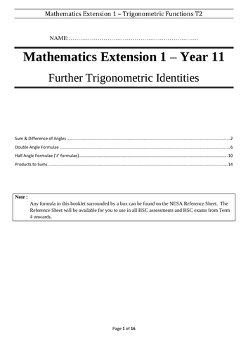 Trigonometric Identities - Booklet - Mathematics Extension 1