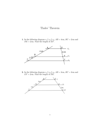 The Basic Proportionality Theorem Thales Theorem Worksheet With Solutions Teaching Resources 8297