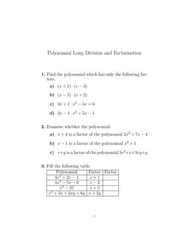 Polynomial Long Division and Factorisation Worksheet No 2 (with ...