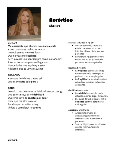 Shakira - Acróstico - Spanish Song Lyrics & Activities | Teaching Resources