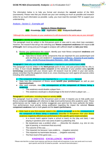 AQA GCSE PE NEA Coursework Guide - Analysis Section 2 (Fitness Weakness ...