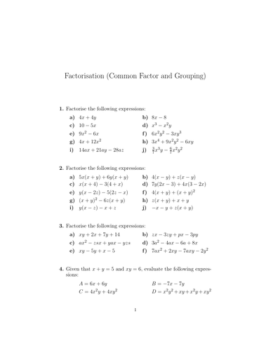 Factorisation (Common Factor and Grouping) Worksheet no 3 (with ...